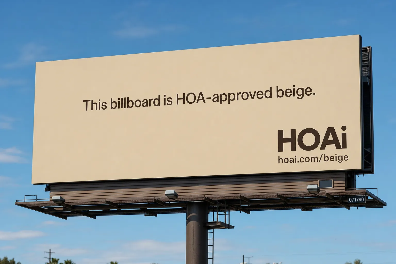 A beige billboard beside US-101 that reads: This billboard is HOA-approved beige. HOAi, hoai.com/beige.