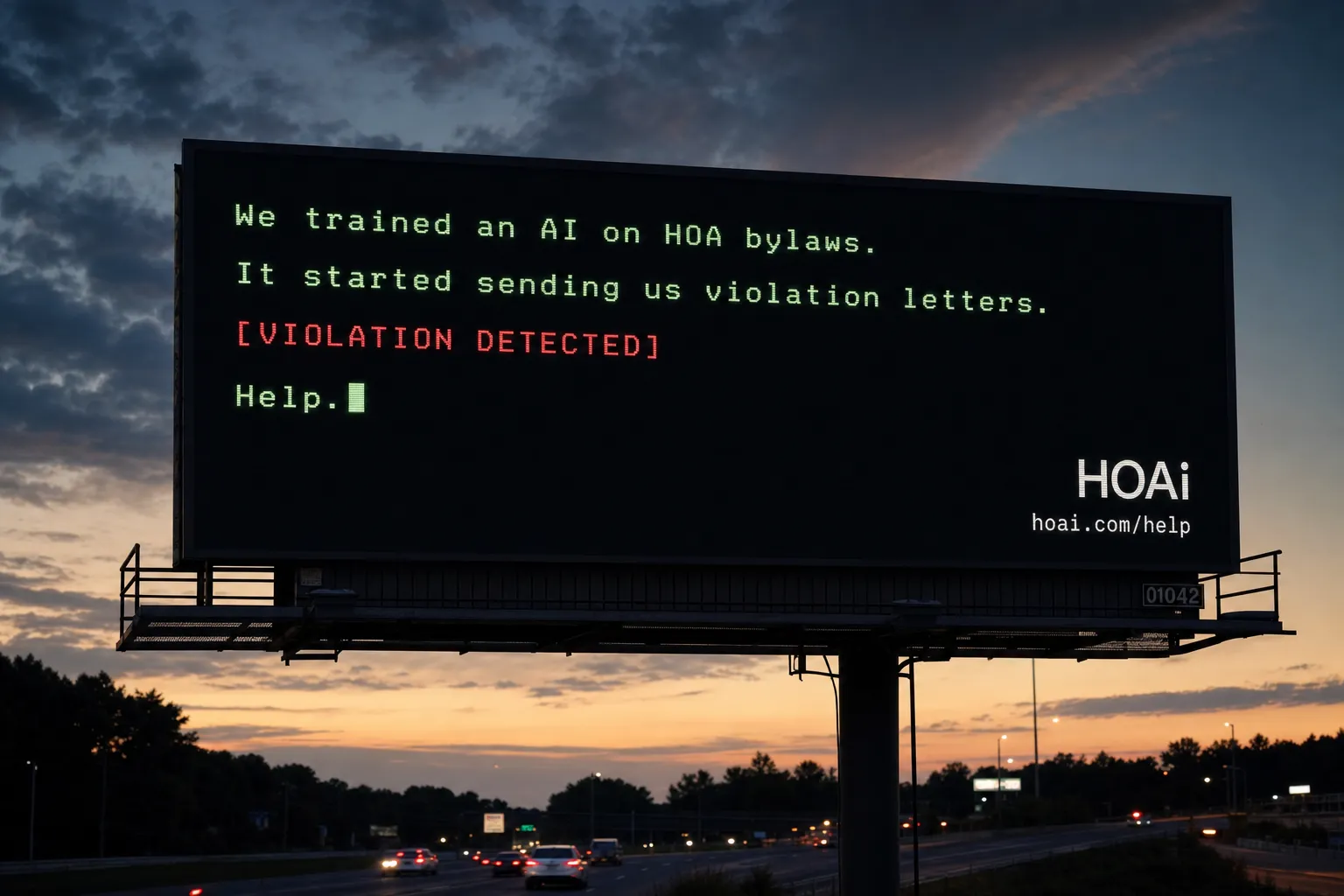 A dark LED billboard at dusk that reads: We trained an AI on HOA bylaws. It started sending us violation letters. VIOLATION DETECTED. Help. HOAi, hoai.com/help.
